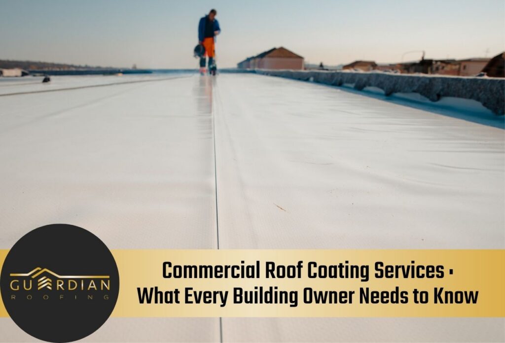 Worker on commercial roof performing coating services with clear sky background.