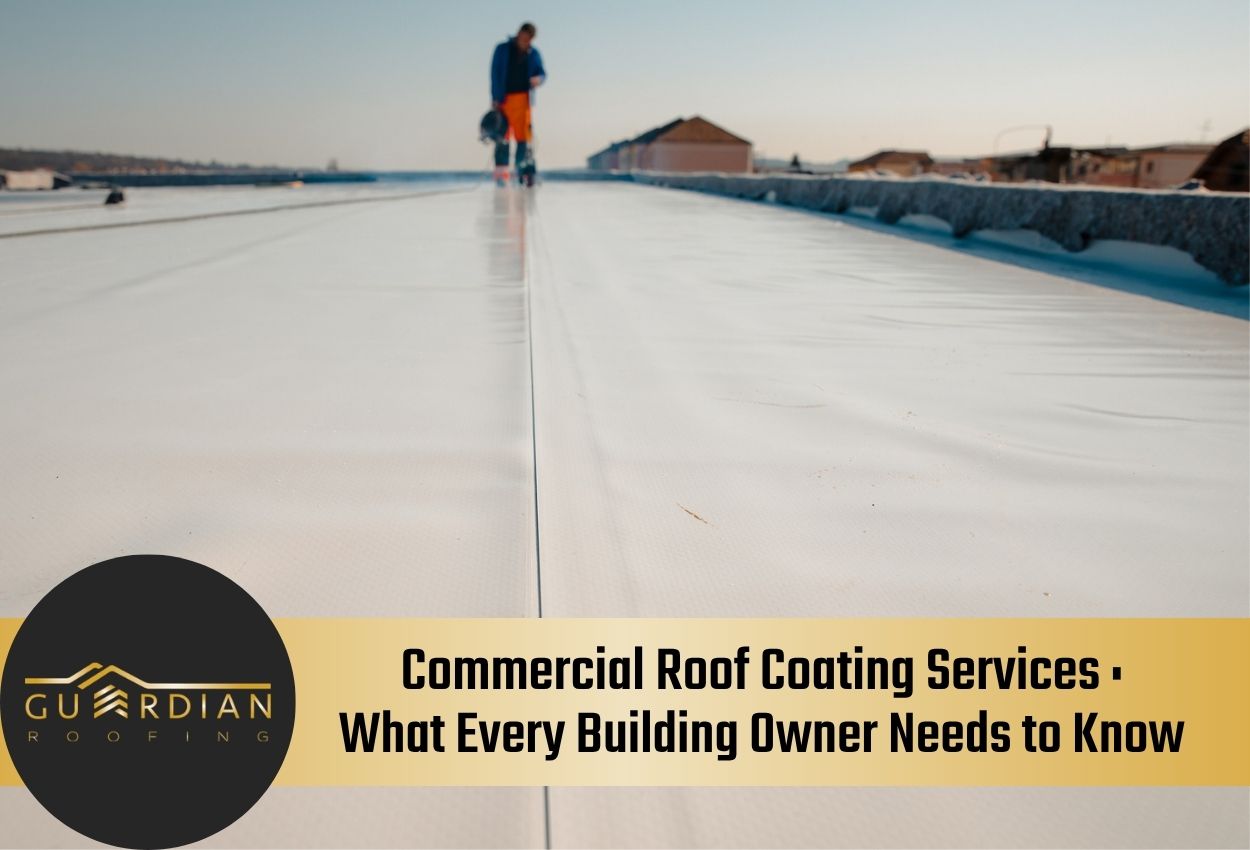 Worker on commercial roof performing coating services with clear sky background.