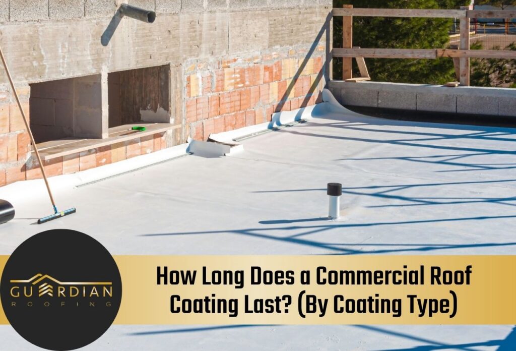 Commercial flat roof with coating application tools and unfinished masonry.
