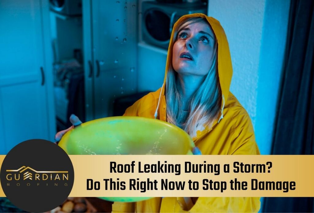Woman in raincoat catching water in a basin from a leaking roof.